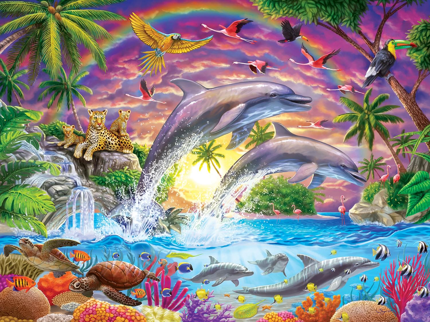 MasterPieces Inc Fantasy Isle Colorful Dolphins 300 Piece Large EZ Grip  Jigsaw Puzzle