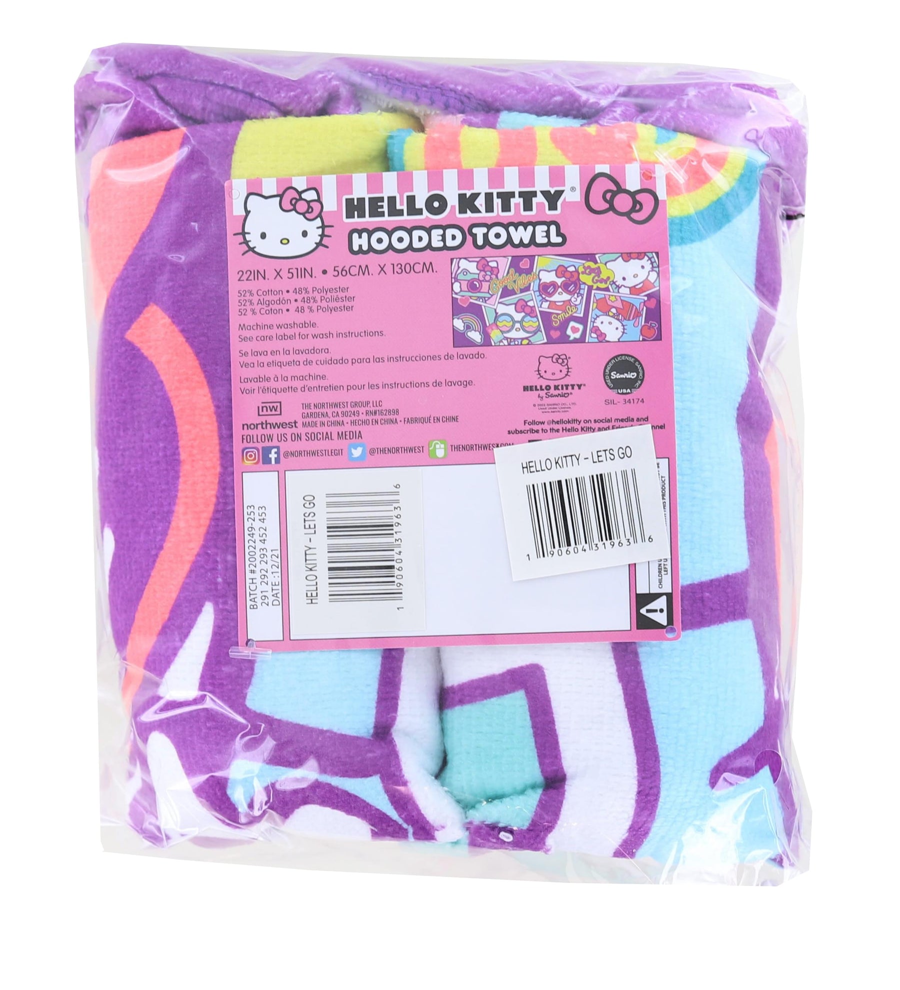 Hello Kitty Lets Go 22 x 51 Inch Kids Hooded Beach Towel