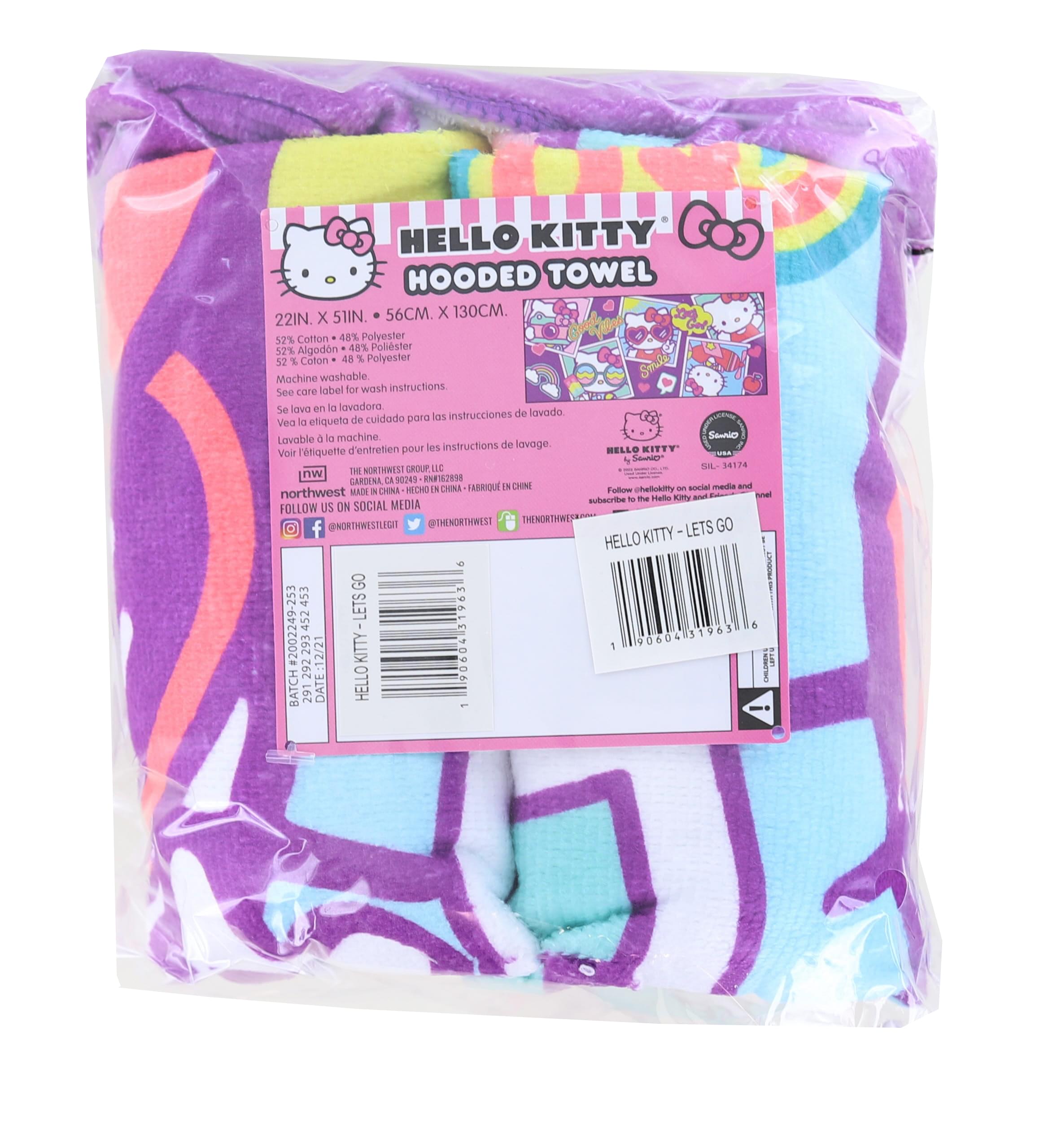 Hello Kitty Lets Go 22 x 51 Inch Kids Hooded Beach Towel
