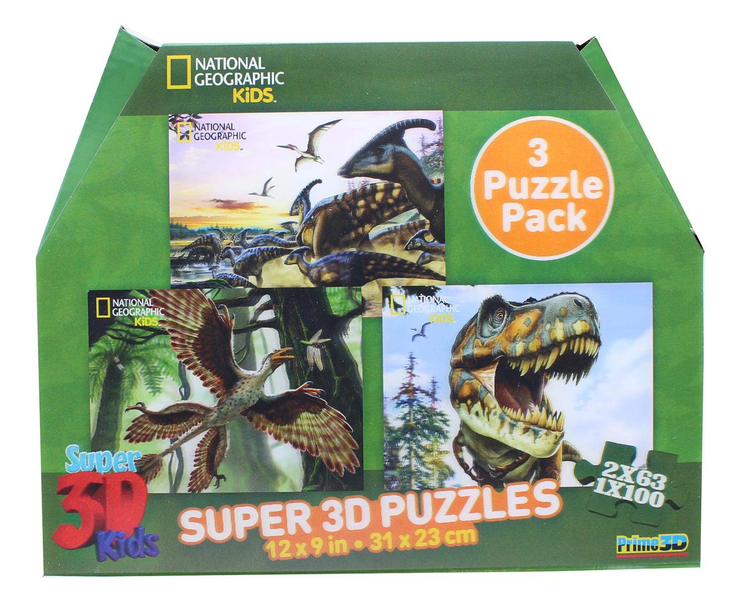 National Geographic- Super 3D Children's 63/100pc Dinosaur Puzzle Set of 3 12" x 9"