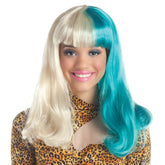 Half and Half Blonde & Turquoise Costume Wig Adult