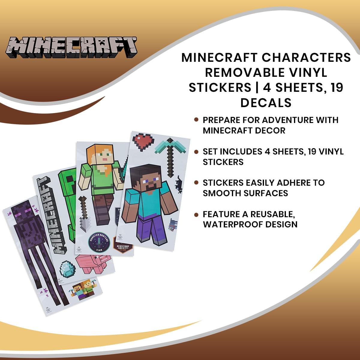 Minecraft Characters Removable Vinyl Stickers | 4 Sheets, 19 Decals