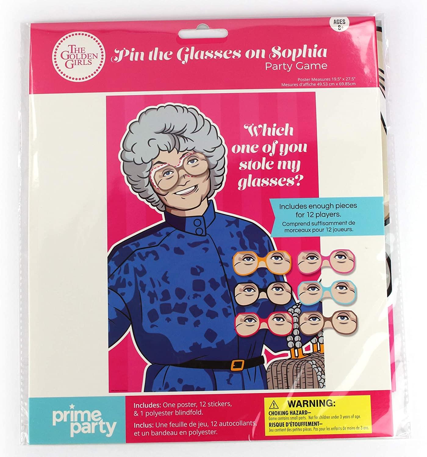 The Golden Girls Pin the Glasses on Sophia Party Game | Poster: 19.5" x 27.5", Includes 12 glasses (stickers) and one polyester blindfold.