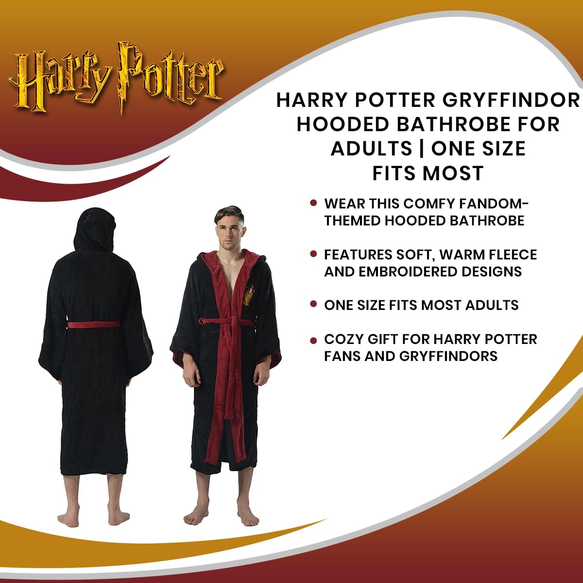 Harry Potter Gryffindor Hooded Bathrobe for Adults | One Size Fits Most