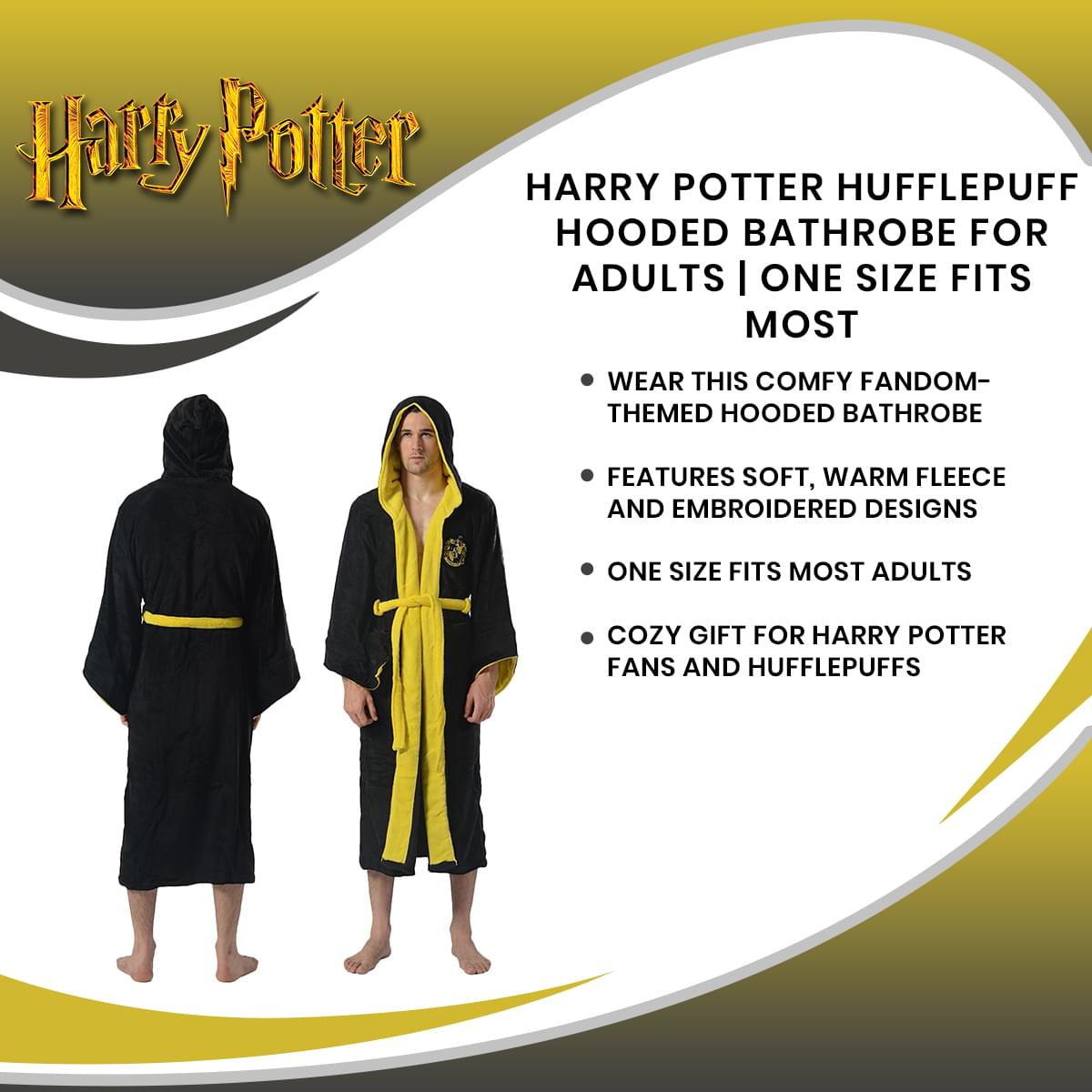 Harry Potter Hufflepuff Hooded Bathrobe for Adults | One Size Fits Most