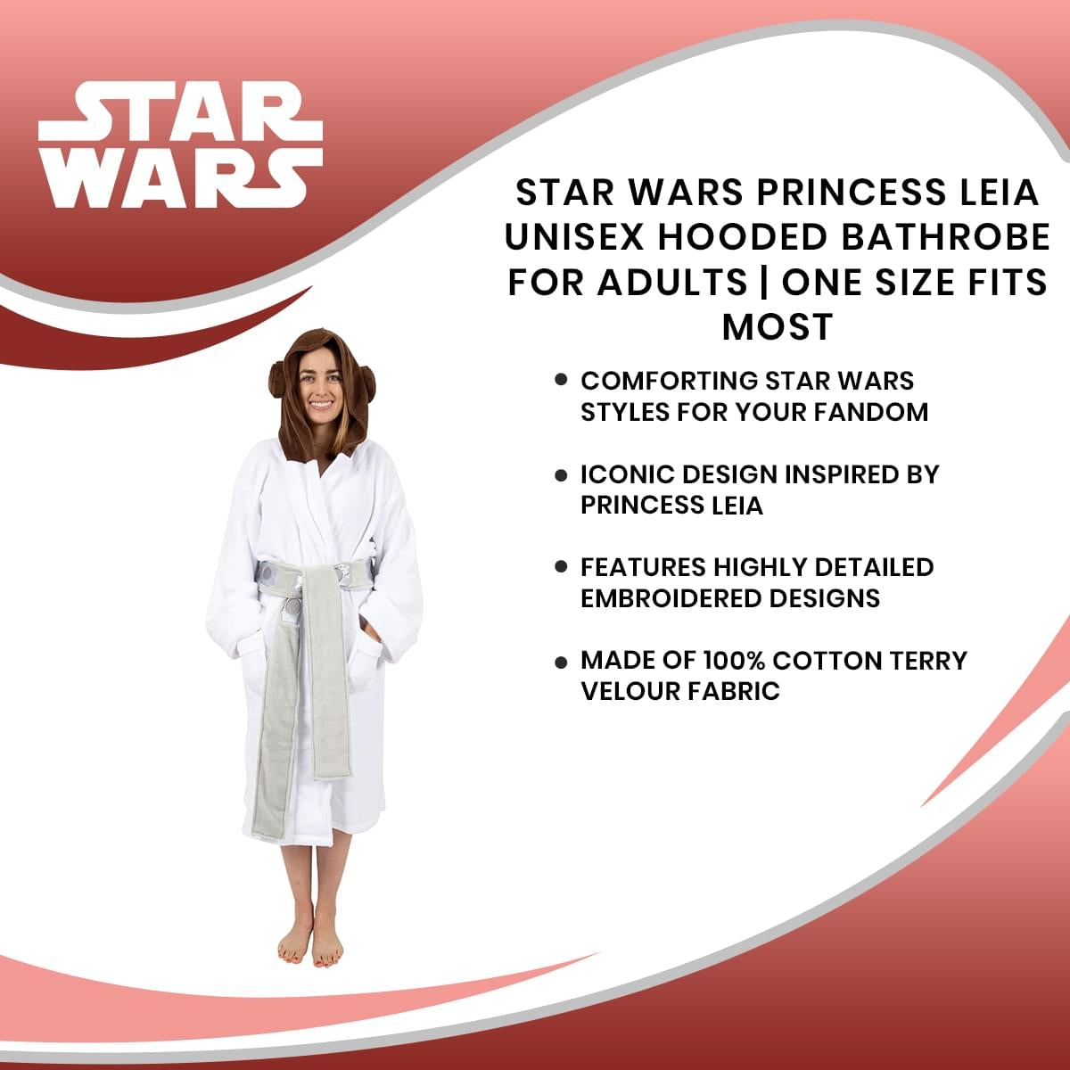 Star Wars Princess Leia Unisex Hooded Bathrobe for Adults | One Size Fits Most