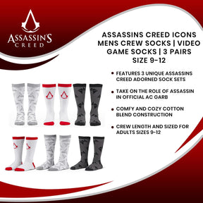 Assassins Creed Icons Mens Crew Socks | Video Game Socks | 3 Pairs Size 9-12