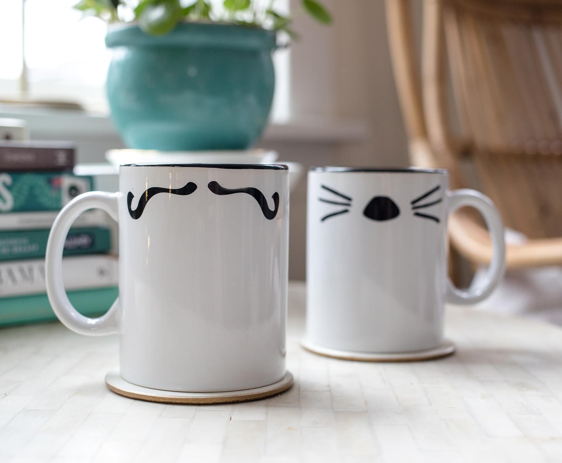 Friends Mr. Rachel Whiskers and Mrs. Ross Moustache Double-Sided Mugs | Set of 2