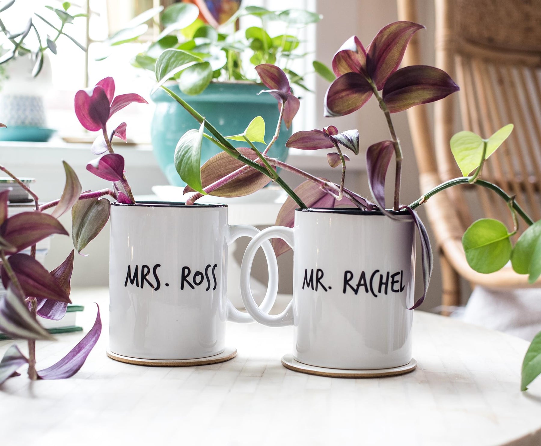 Friends Mr. Rachel Whiskers and Mrs. Ross Moustache Double-Sided Mugs | Set of 2