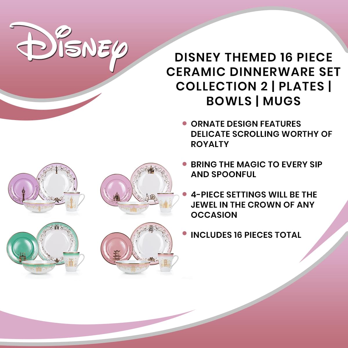 Disney Princess 16-Piece Ceramic Dinnerware Set | Tiana, Rapunzel, Aurora, Mulan