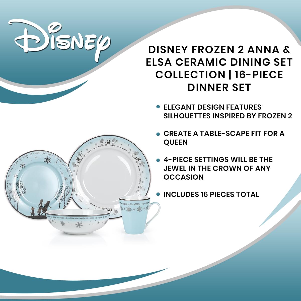 Disney Frozen 2 Anna & Elsa Ceramic Dining Set Collection | 16-Piece Dinner Set