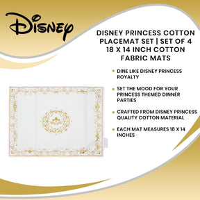 Disney Princess Cotton Placemat Set | Set Of 4 18 x 14 Inch Cotton Fabric Mats