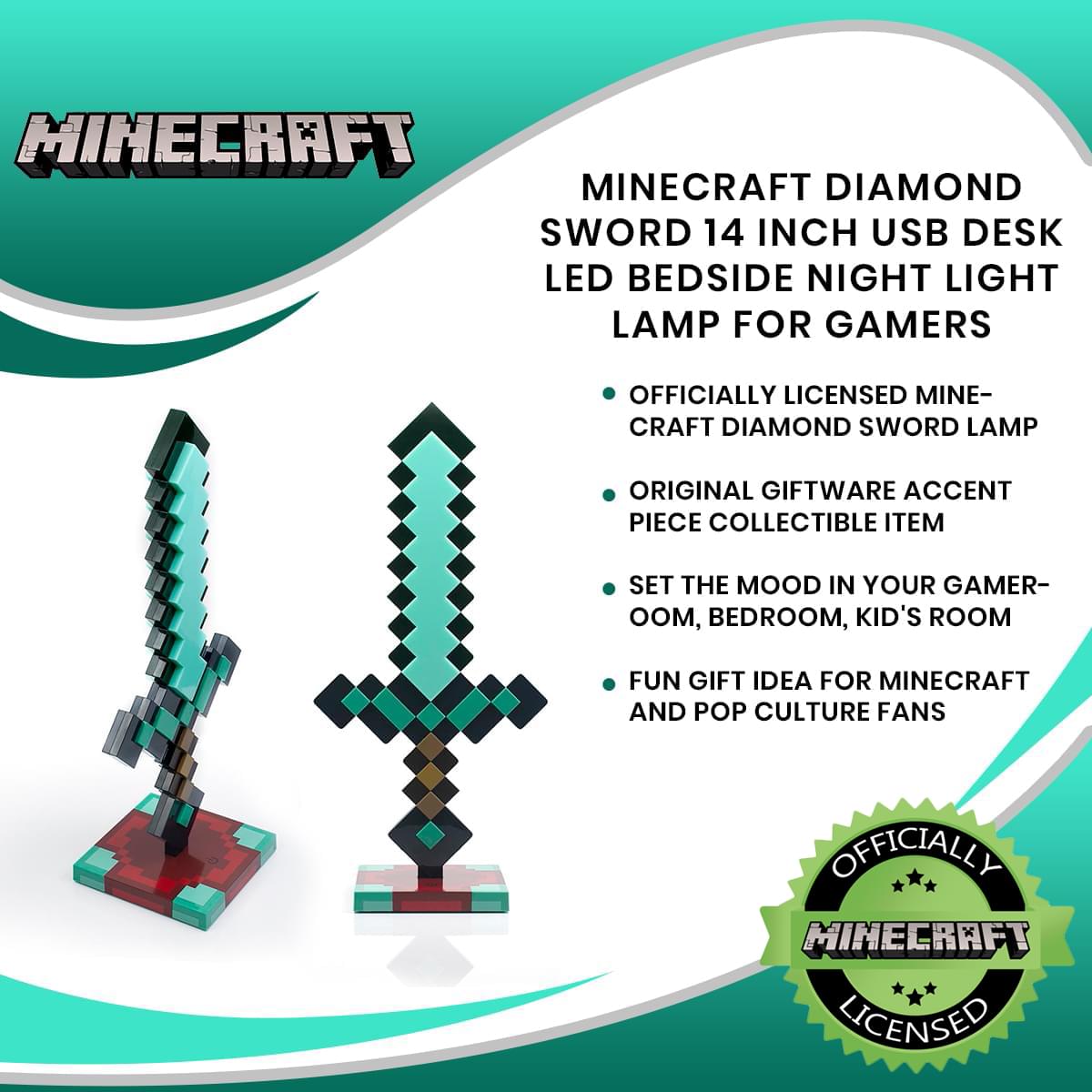 Minecraft Diamond Sword 14 Inch USB Desk LED Bedside Night Light Lamp for Gamers