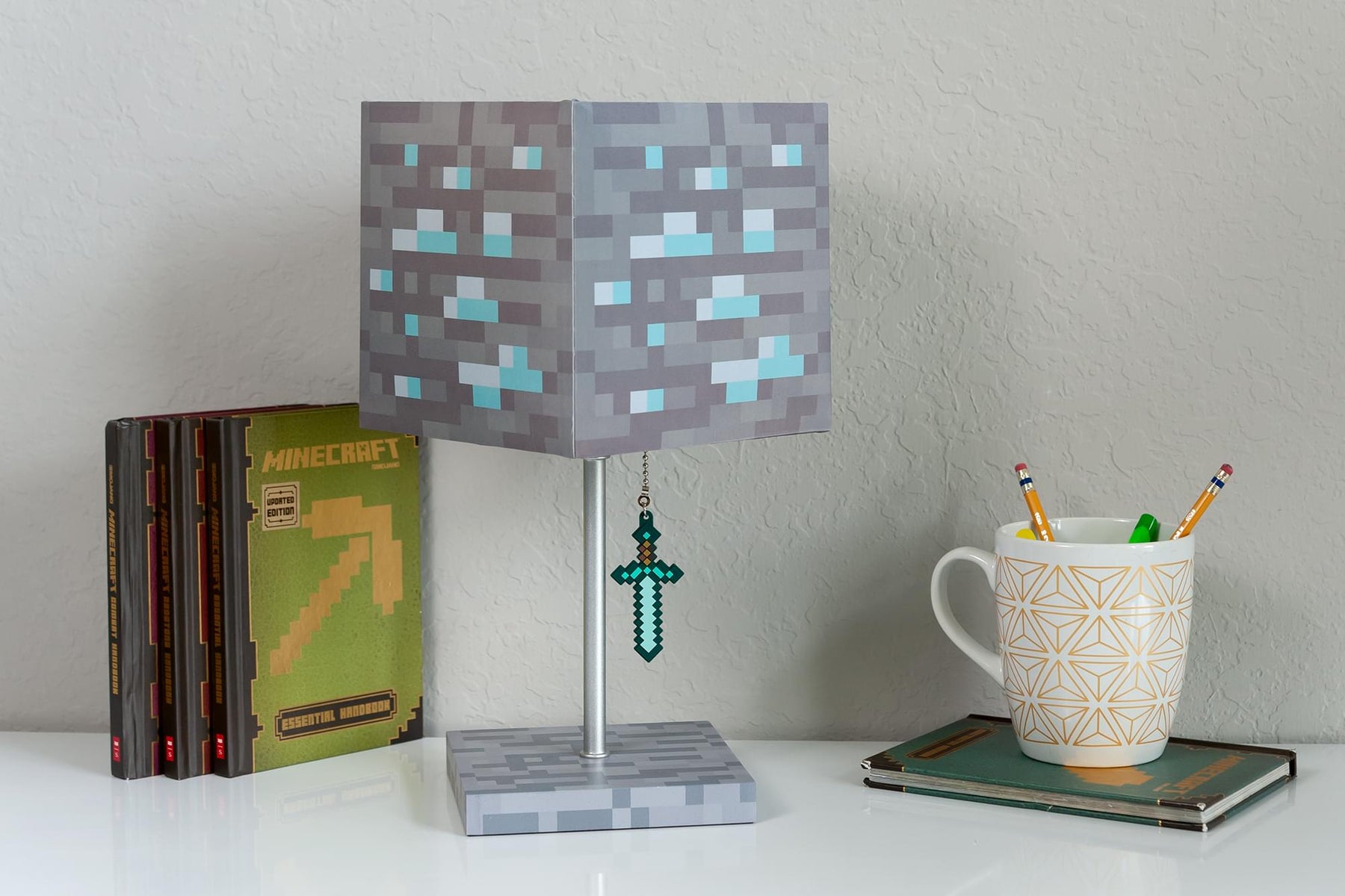 Minecraft Diamond Ore LED Lamp w/ 3D Diamond Sword Pull | 14-Inch Desk Lamp