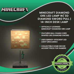 Minecraft Diamond Ore LED Lamp w/ 3D Diamond Sword Pull | 14-Inch Desk Lamp