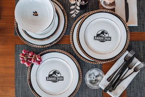 Jurassic Park Logo 16-Piece Ceramic Dinnerware Set Replica | Plates, Bowls, Mugs