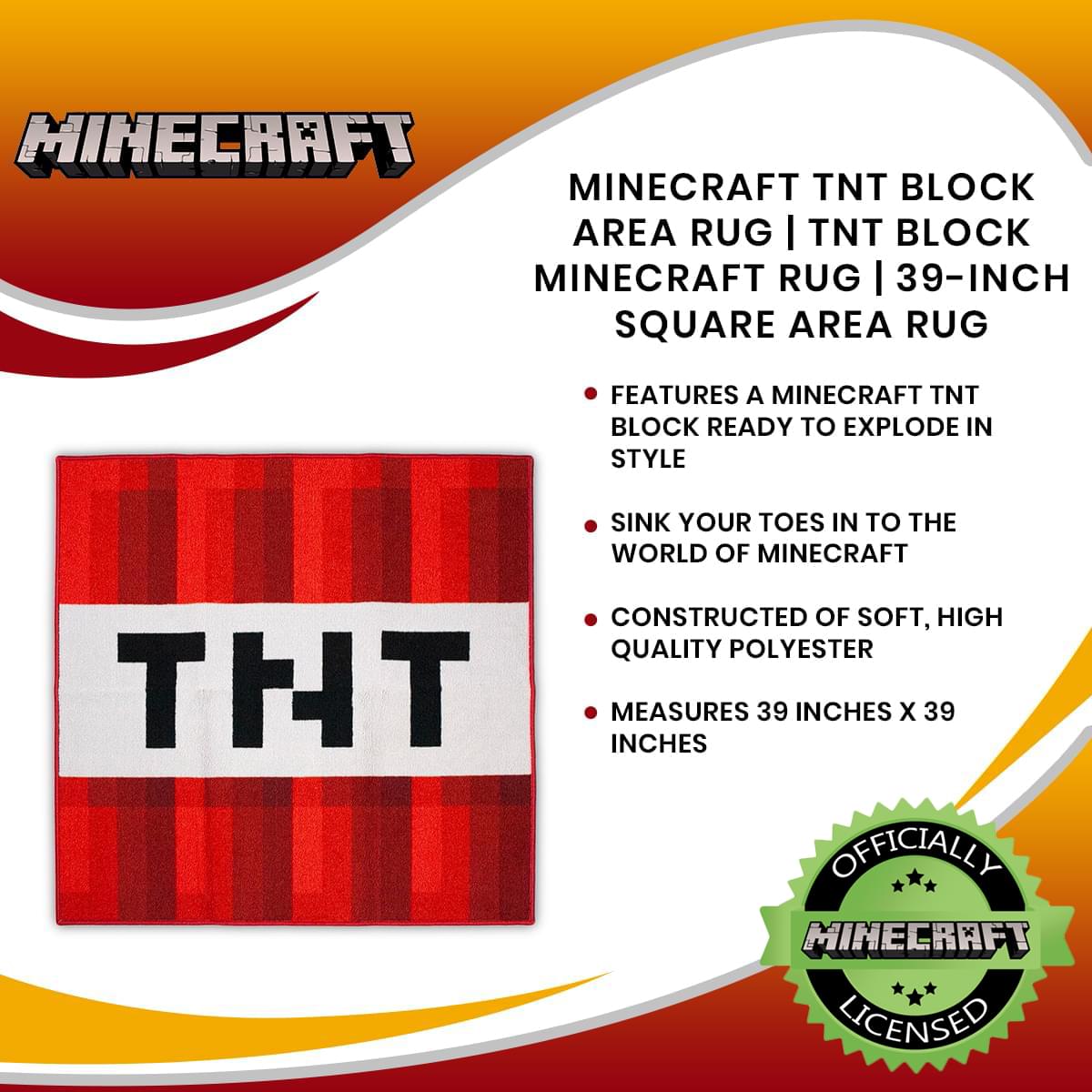 Minecraft TNT Block Area Rug | TNT Block Minecraft Rug | 39-Inch Square Area Rug