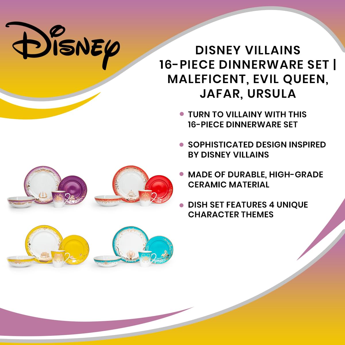 Disney Villains 16-Piece Dinnerware Set | Maleficent, Evil Queen, Jafar, Ursula