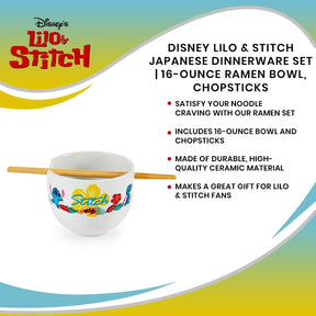 Disney Lilo & Stitch Japanese Dinnerware Set | 16-Ounce Ramen Bowl, Chopsticks