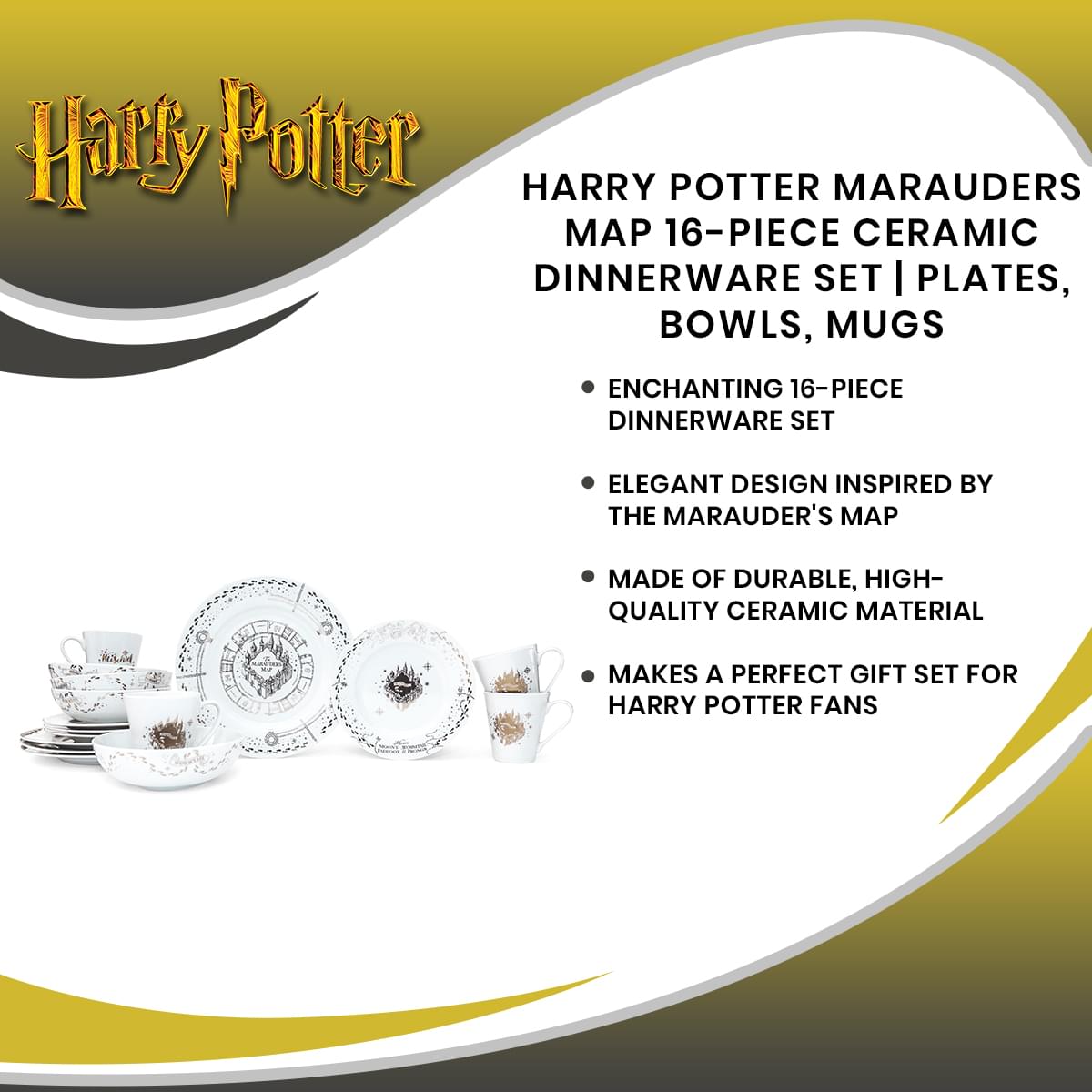 Harry Potter Marauders Map 16-Piece Ceramic Dinnerware Set | Plates, Bowls, Mugs