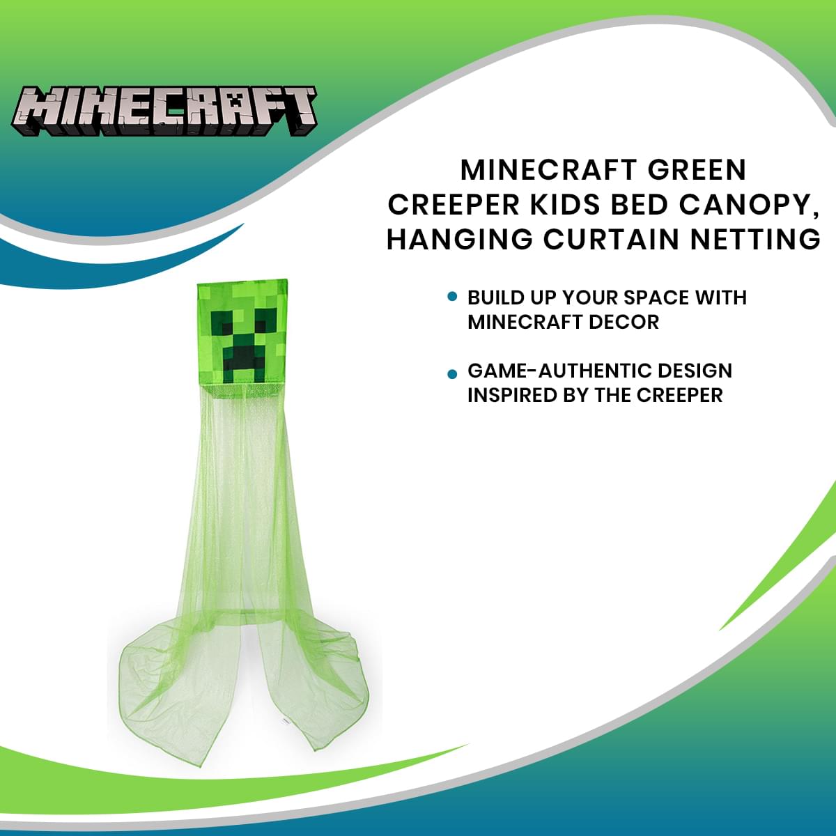 Minecraft Green Creeper Kids Bed Canopy, Hanging Curtain Netting