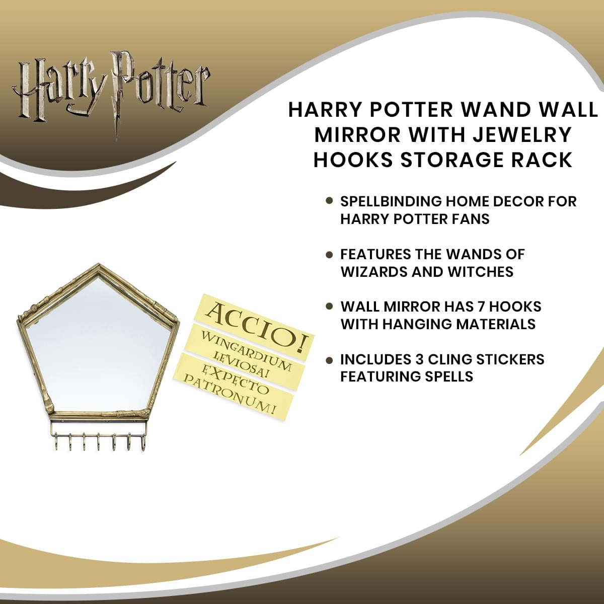Harry Potter Wand Wall Mirror with Jewelry Hooks Storage Rack