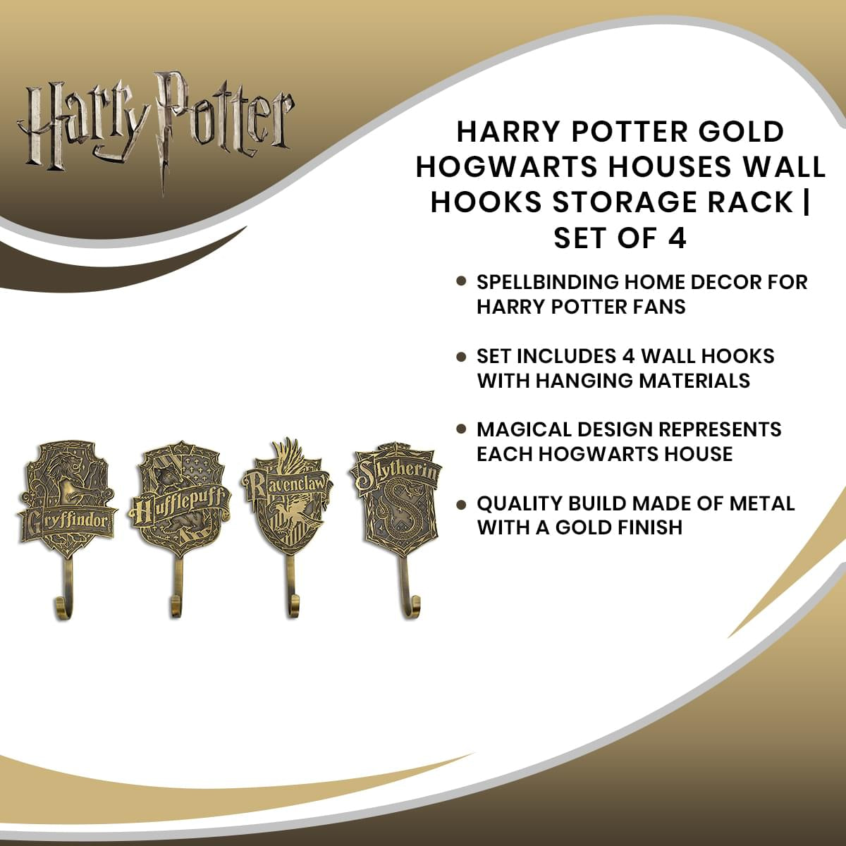 Harry Potter Gold Hogwarts Houses Wall Hooks Storage Rack | Set of 4