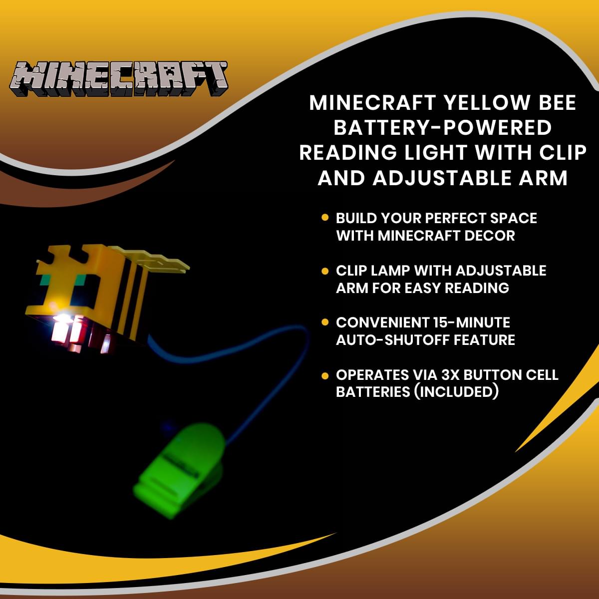 Minecraft Yellow Bee Battery-Powered Reading Light with Clip and Adjustable Arm