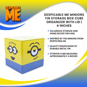Despicable Me Minions Tin Storage Box Cube Organizer with Lid | 4 Inches