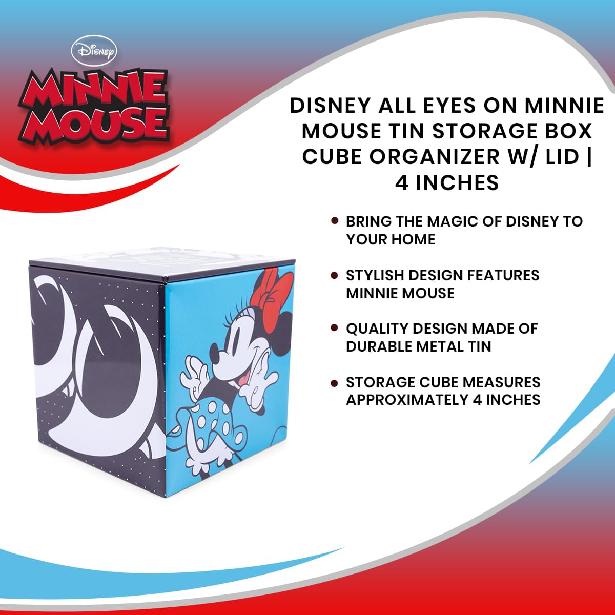 Disney All Eyes on Minnie Mouse Tin Storage Box Cube Organizer w/ Lid | 4 Inches