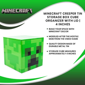 Minecraft Creeper Tin Storage Box Cube Organizer with Lid | 4 Inches