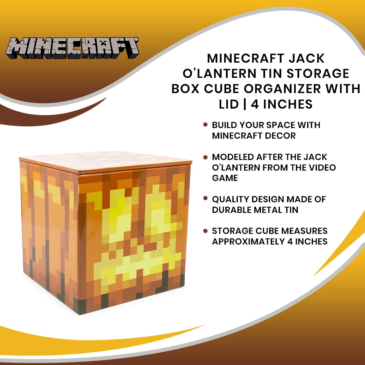 Minecraft Jack O'Lantern Tin Storage Box Cube Organizer with Lid | 4 Inches