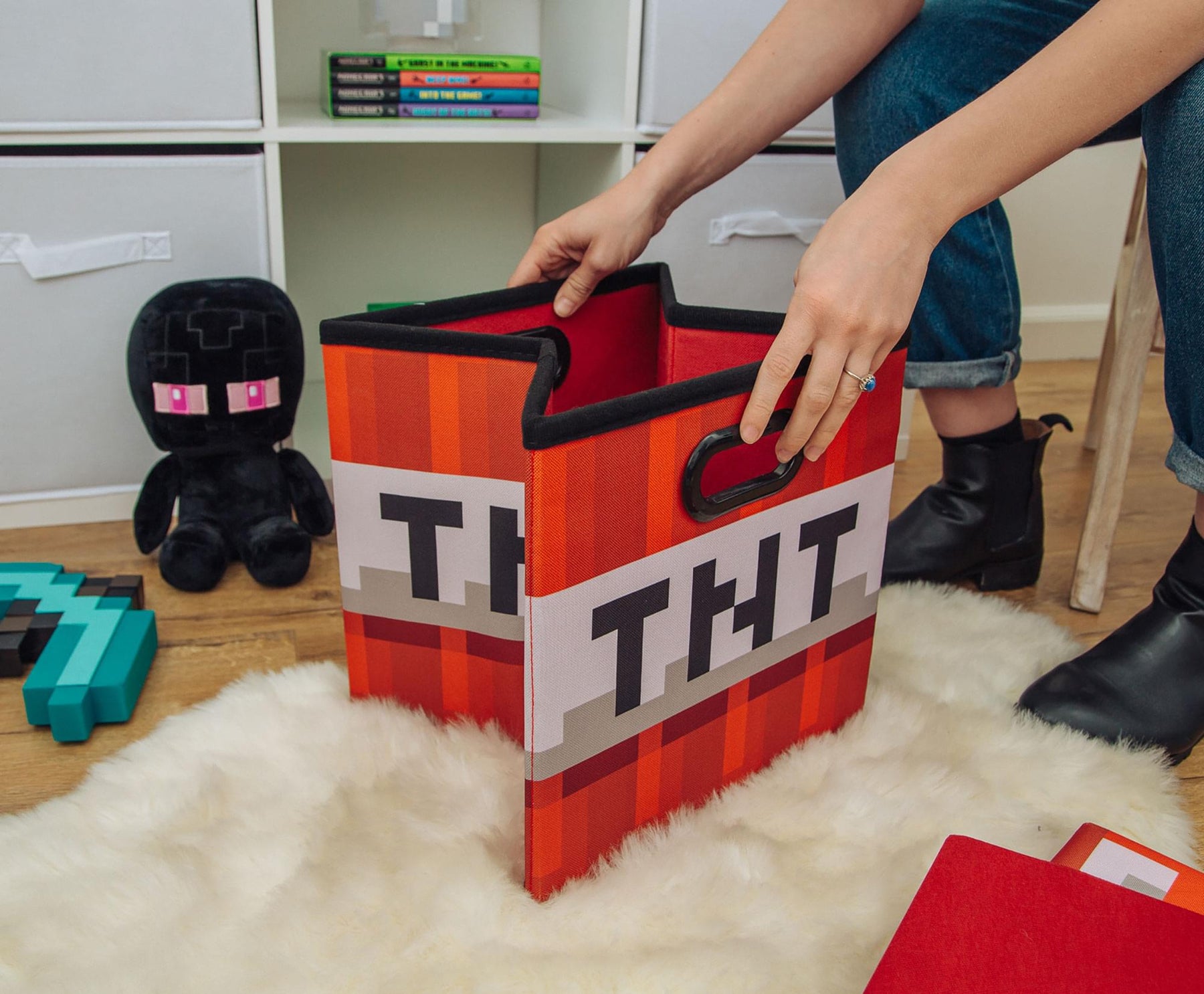 Minecraft TNT Block Fabric Storage Bin Cube Organizer with Lid | 13 Inches