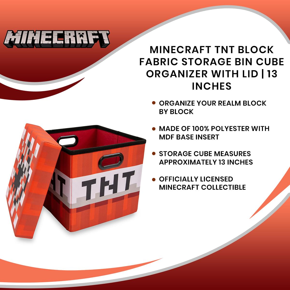 Minecraft TNT Block Fabric Storage Bin Cube Organizer with Lid | 13 Inches