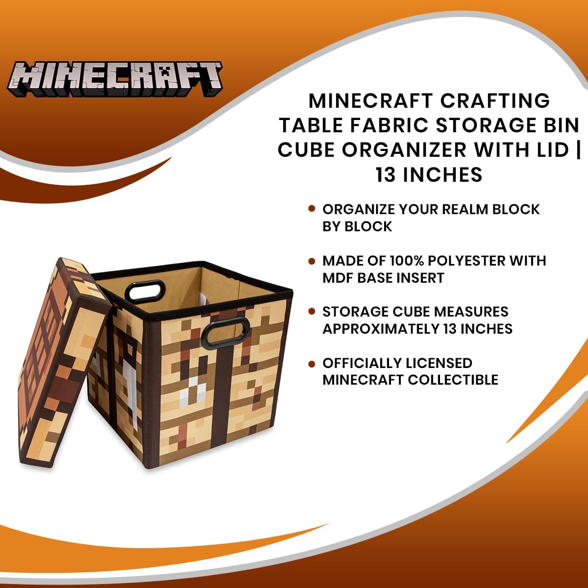 Minecraft Crafting Table Fabric Storage Bin Cube Organizer with Lid | 13 Inches