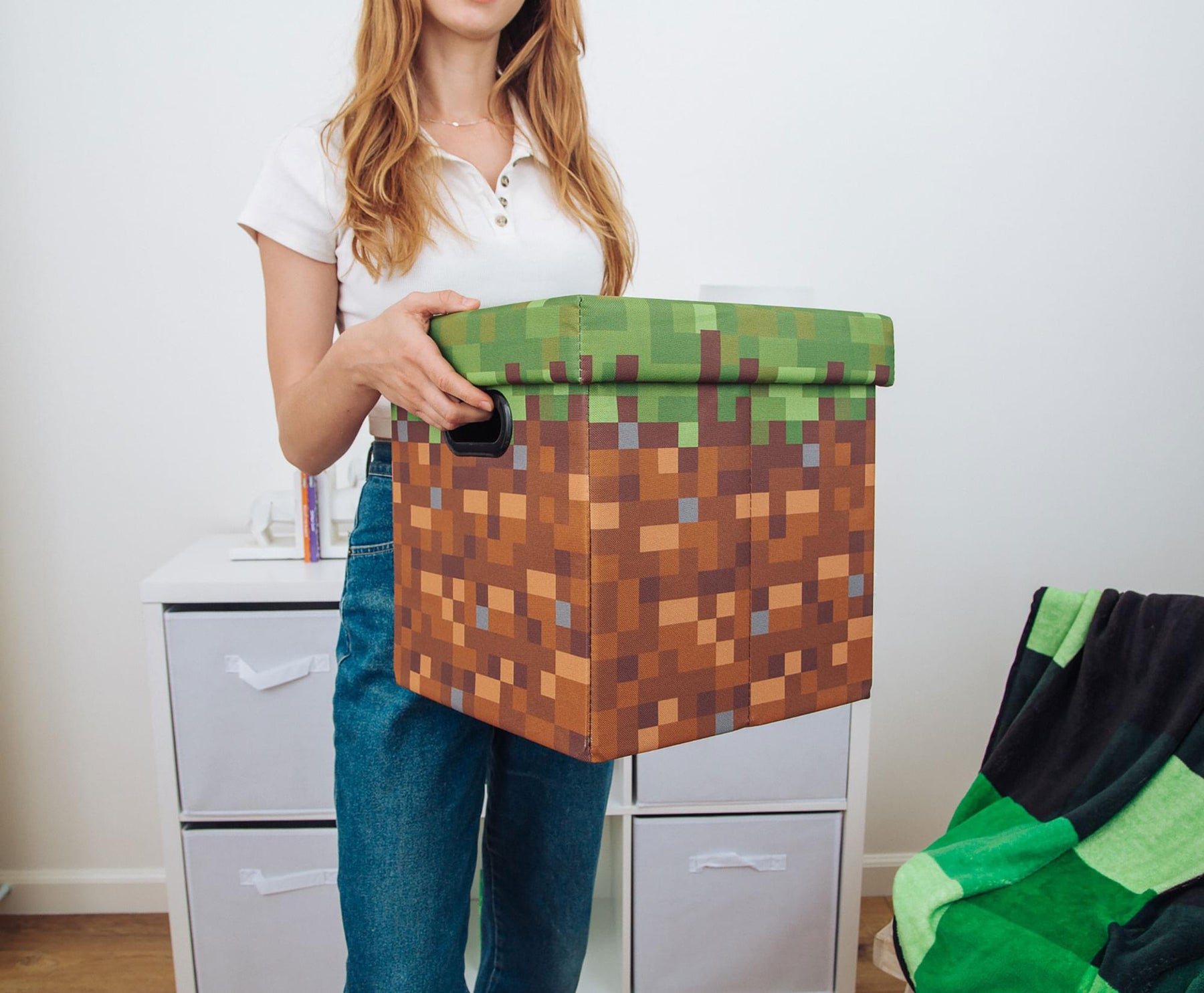 Minecraft Grassy Block Fabric Storage Bin Cube Organizer with Lid | 13 Inches