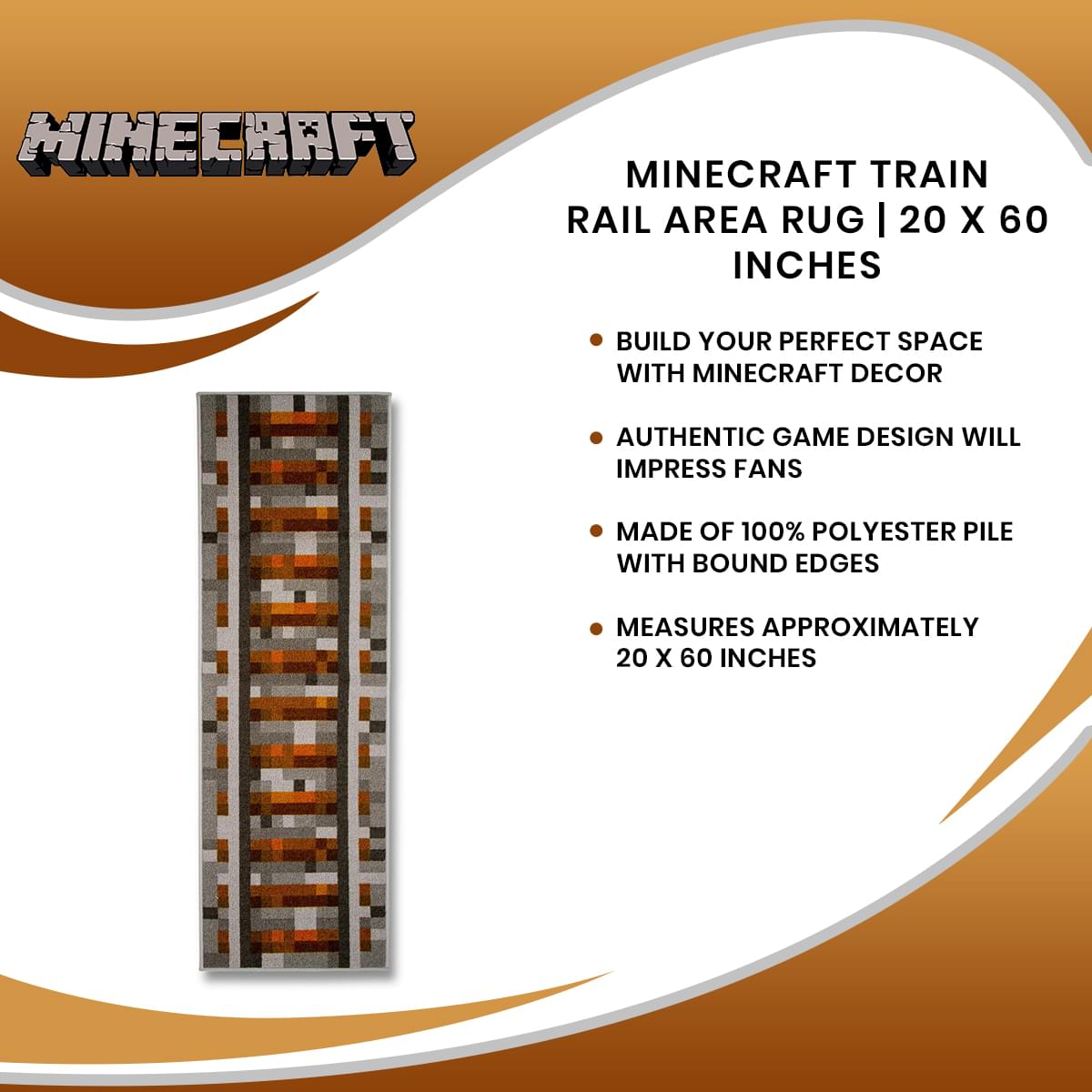 Minecraft Train Rail Area Rug | 20 x 60 Inches