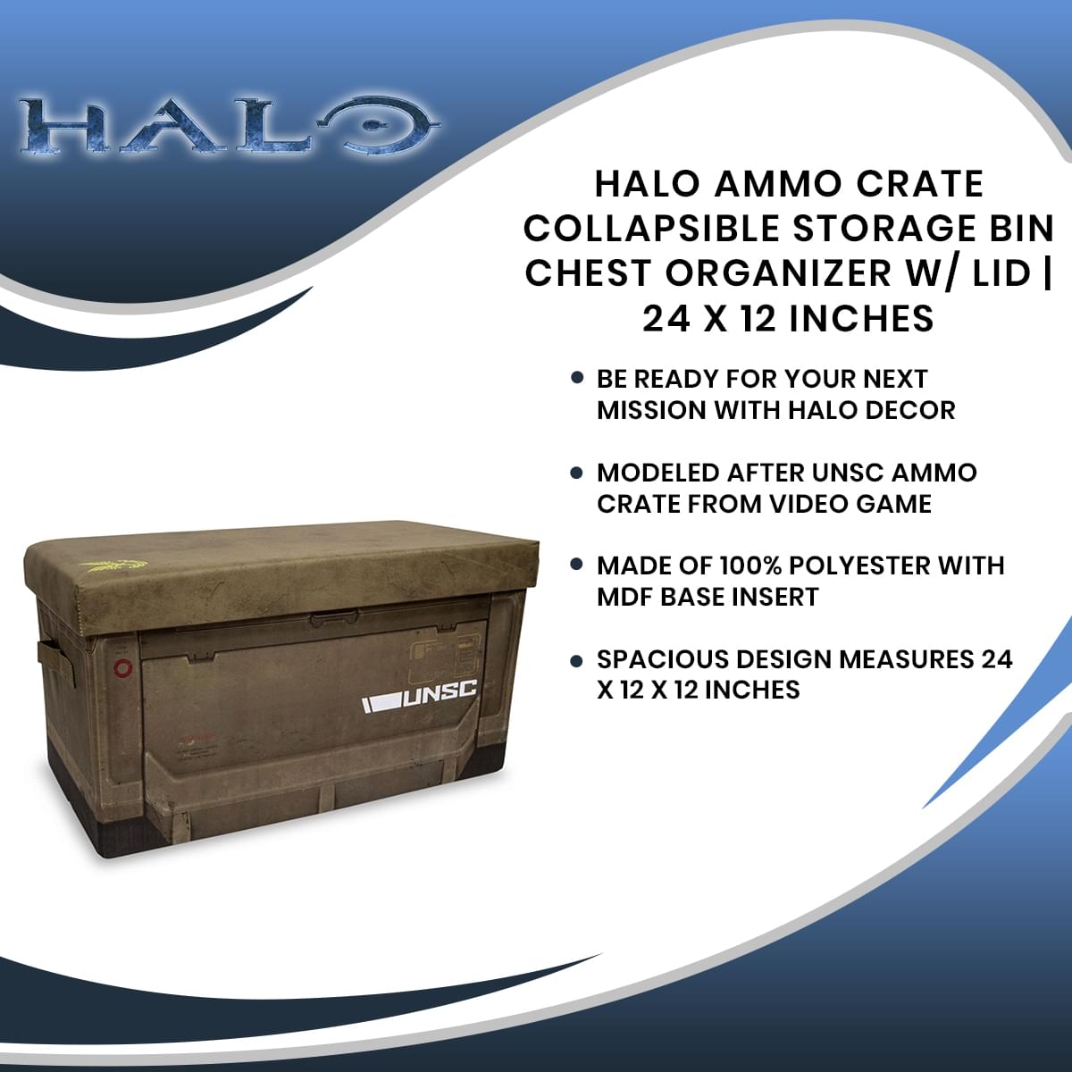 HALO Ammo Crate Collapsible Storage Bin Chest Organizer w/ Lid | 24 x 12 Inches