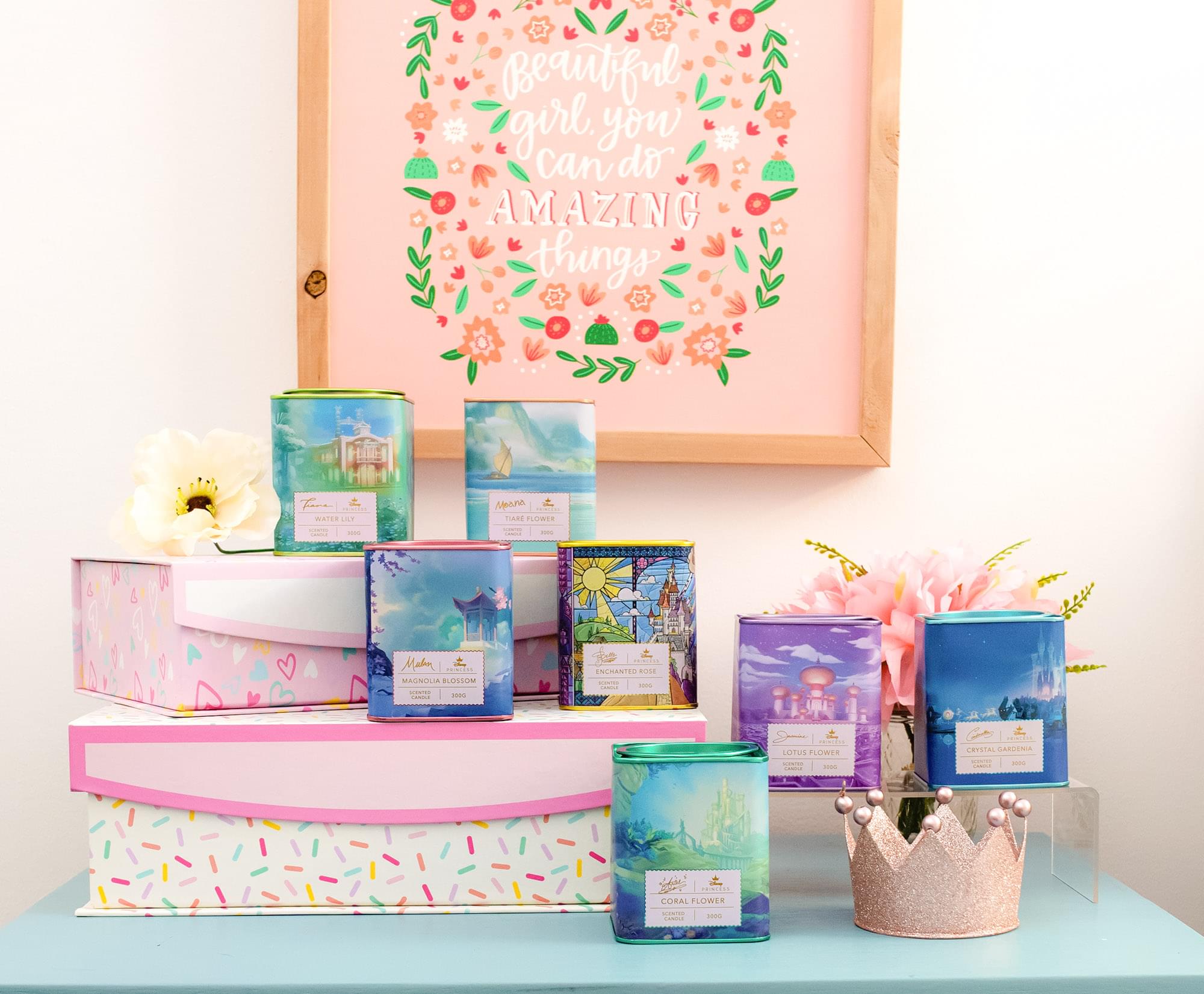 Disney Princess Home Collection 10.5oz Tea Tin Candle Set of 6