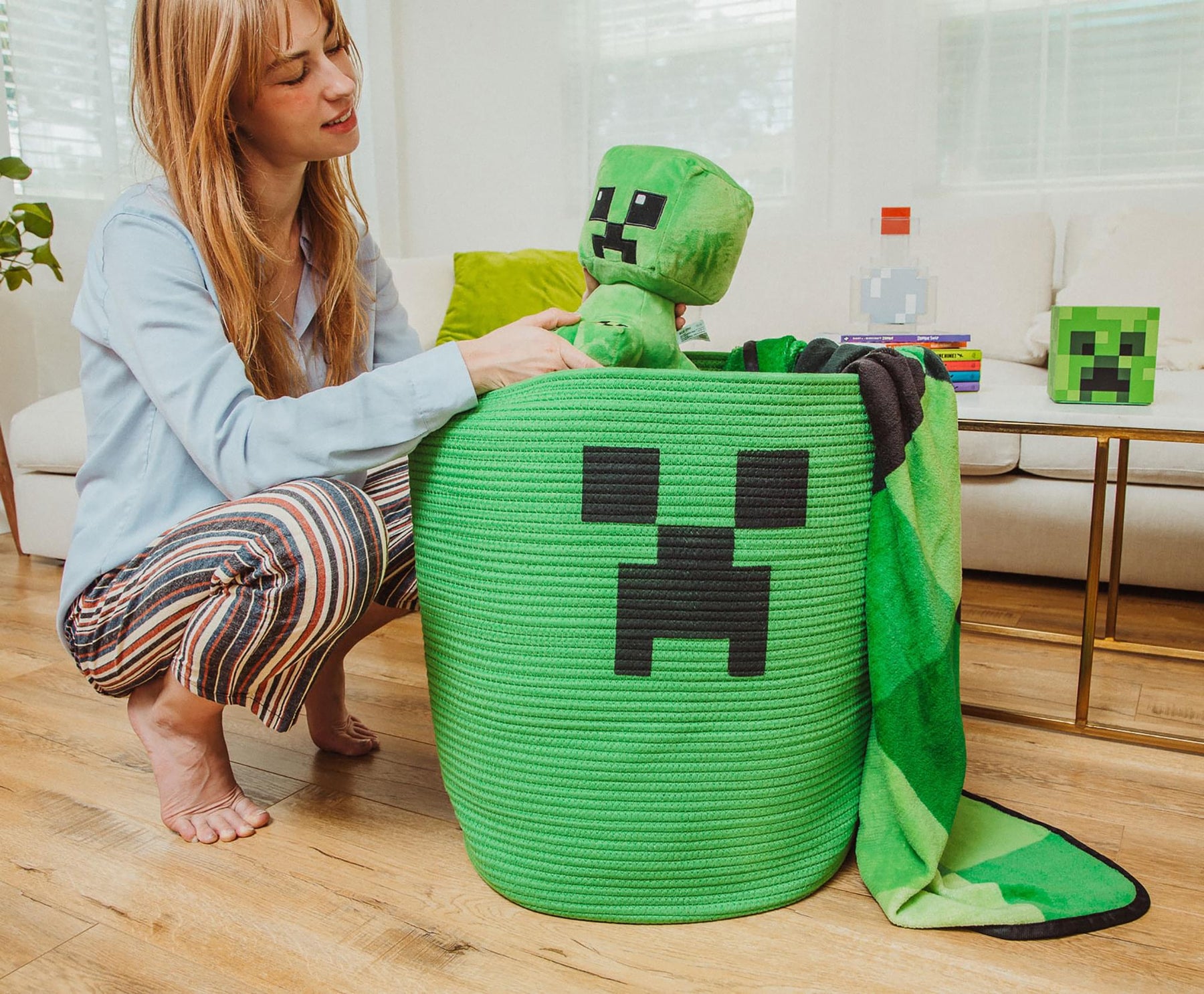 Minecraft Green Creeper Woven Cotton Rope Hamper Storage Basket