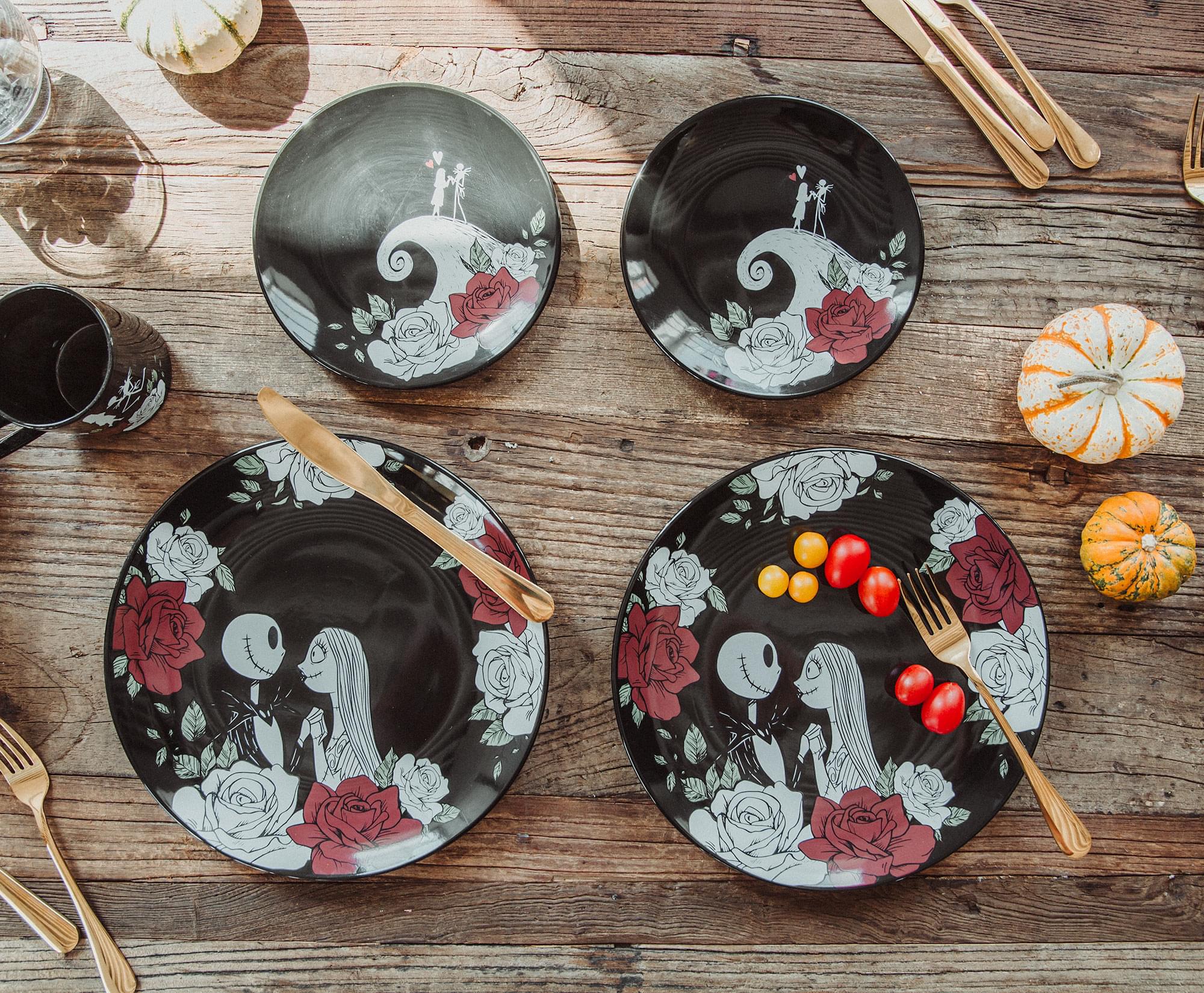 Disney Nightmare Before Christmas Jack and Sally Roses 16-Piece Dinnerware Set