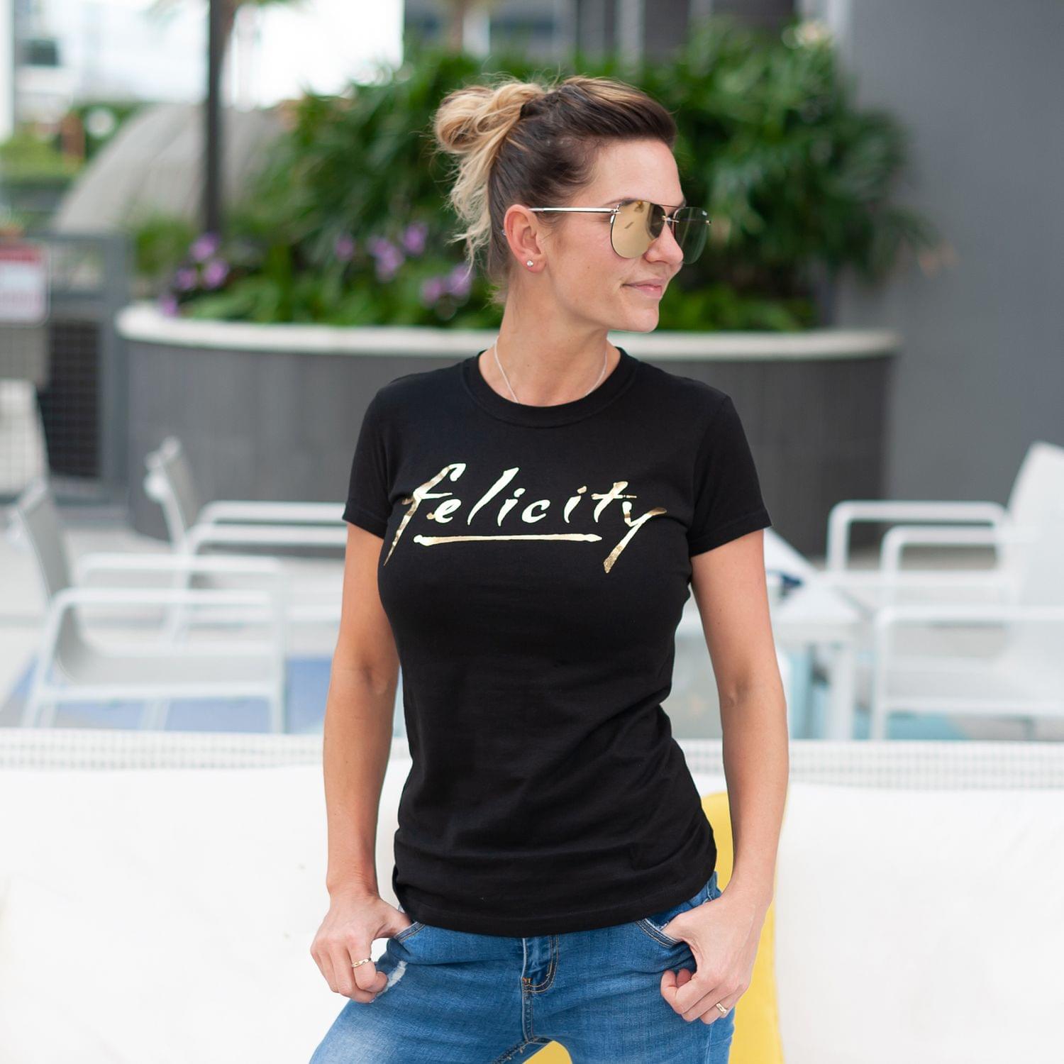 Felicity Gold Logo Junior's Black Cotton T-Shirt