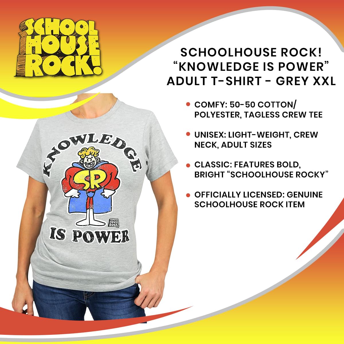 Schoolhouse Rock! “Knowledge Is Power” Adult T-Shirt - Grey