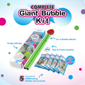 WOWmazing Giant Bubbles Kit Plus | Wand + 5 Packets Bubble Concentrate + Booklet