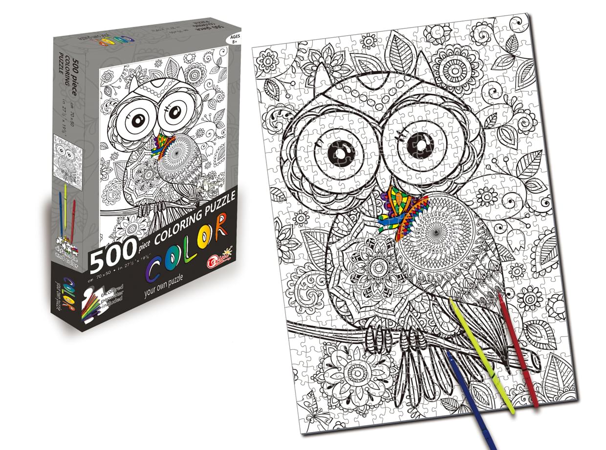 Owl 500 Piece Coloring Jigsaw Puzzle + 6 Markers