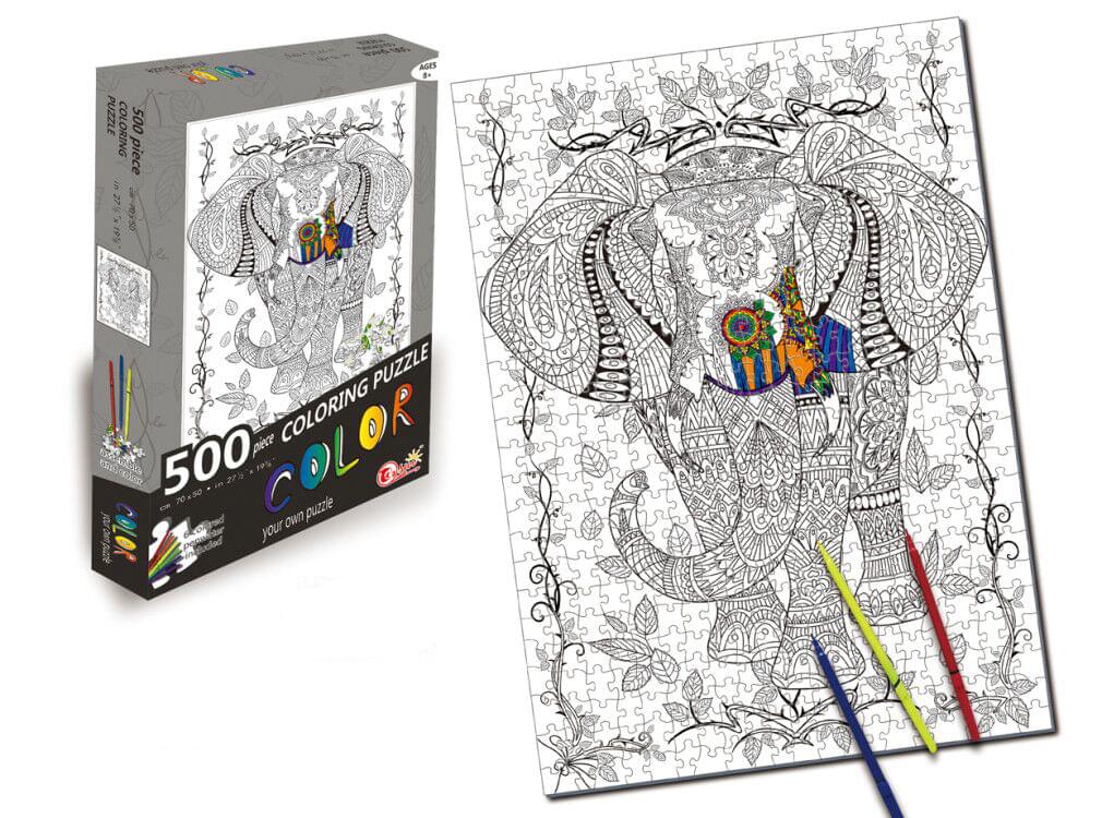 Elephant 500 Piece Coloring Jigsaw Puzzle + 6 Markers
