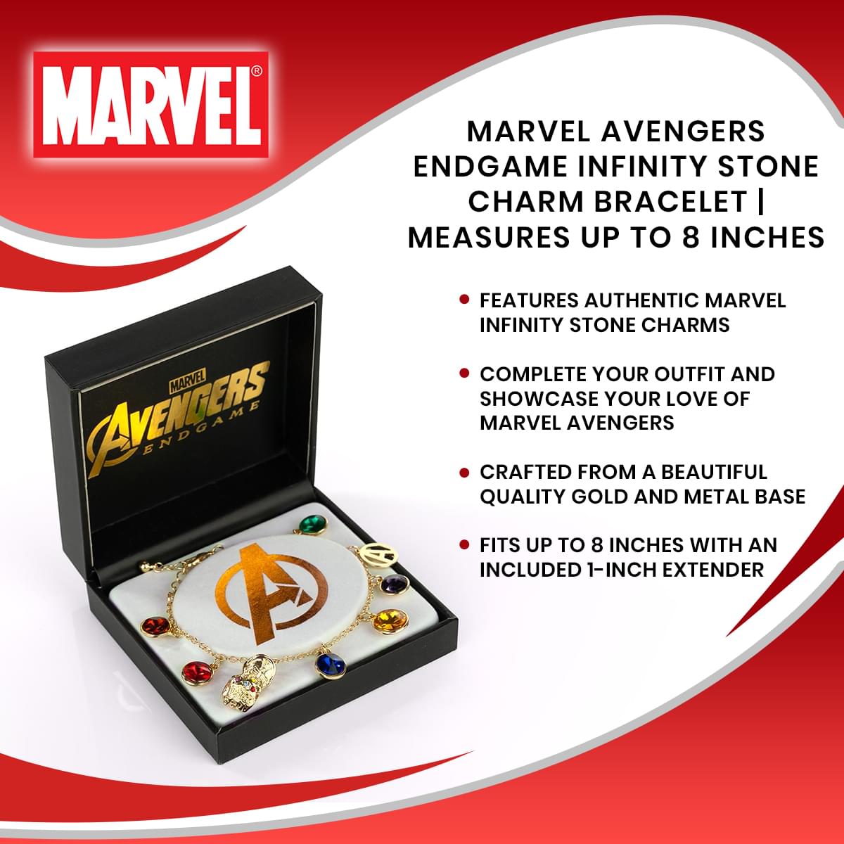 Marvel Avengers Endgame Infinity Stone Charm Bracelet | Measures Up To 8 Inches