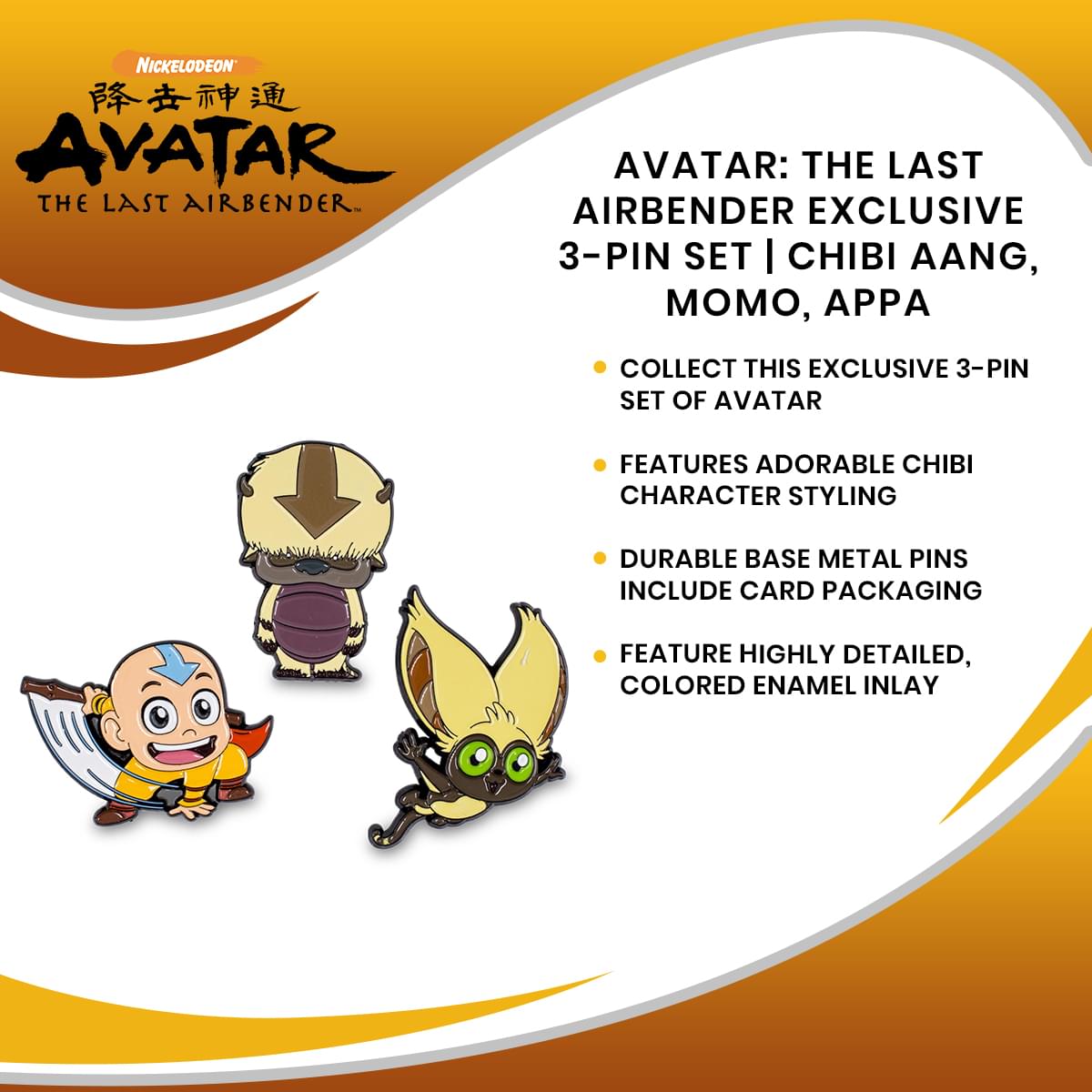 Avatar: The Last Airbender Exclusive 3-Pin Set | Chibi Aang, Momo, Appa