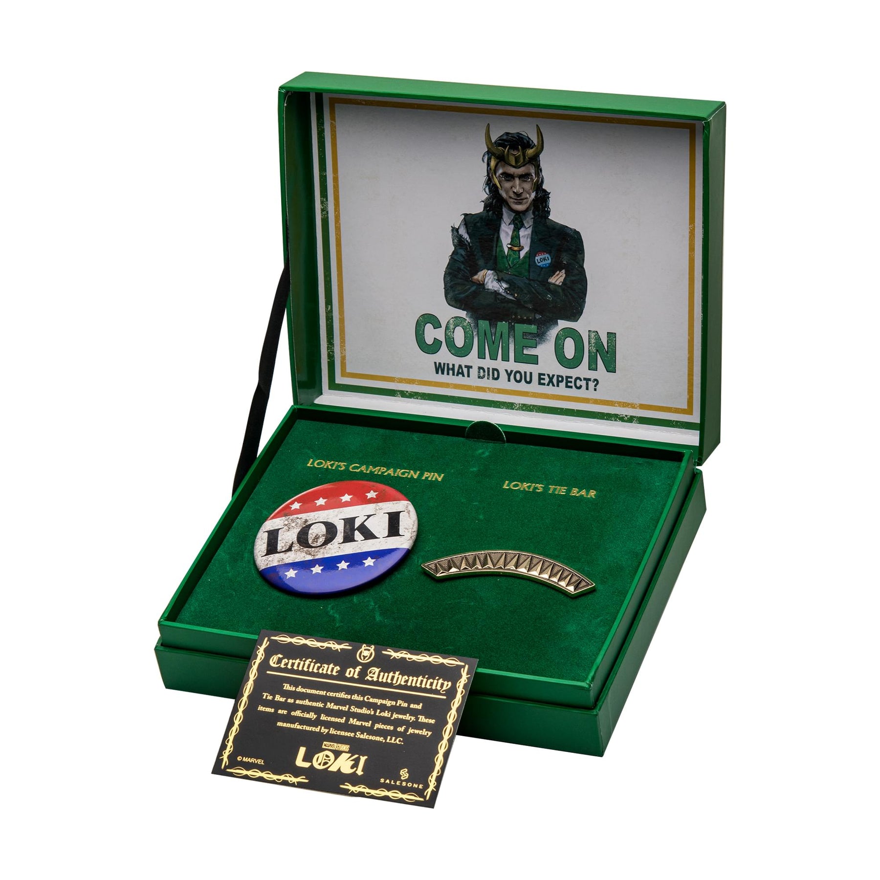 Marvel Loki Replica Campaign Pin and Tie Bar Collector Box Set