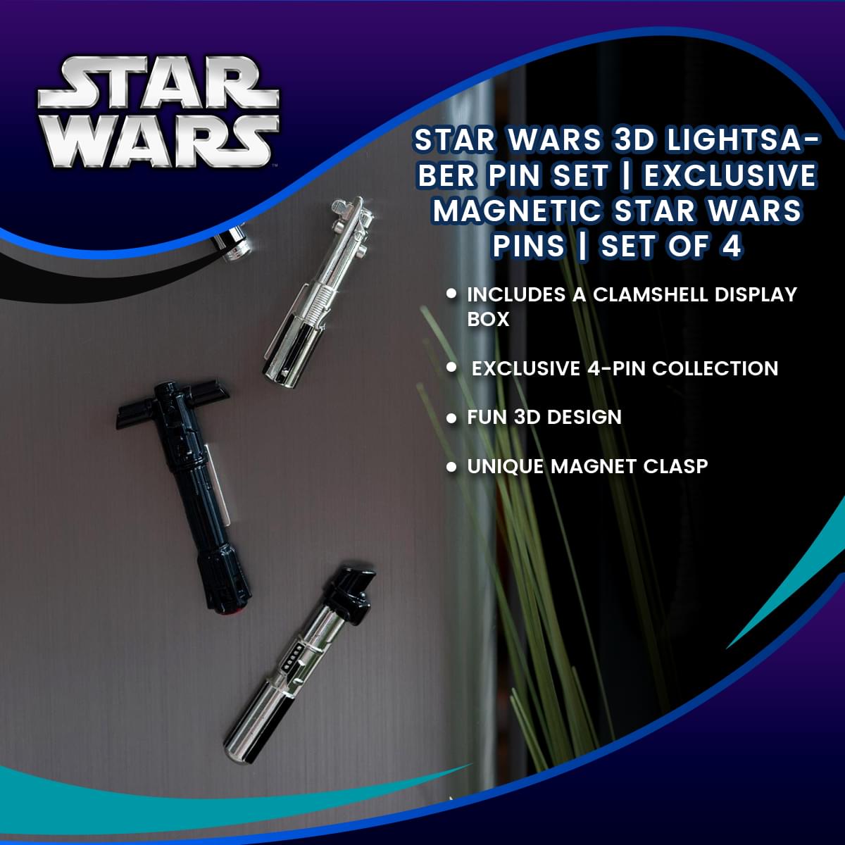 Star Wars 3D Lightsaber Pin Set | Exclusive Magnetic Star Wars Pins | Set of 4